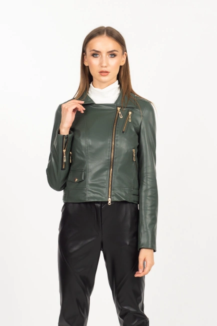 Жіноча куртка із еко-шкіри темно-зеленого кольору-1