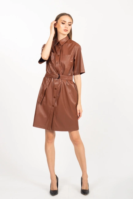 Жіноча сукня з еко-шкіри в коричневому кольорі-2