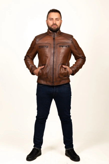 Чоловіча куртка шкіряна коричневого кольору-2