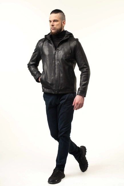 Чоловіча куртка зі шкіри з капюшоном-5
