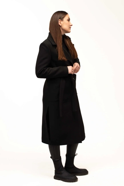 Жіноче пальто чорне під пояс довге-7
