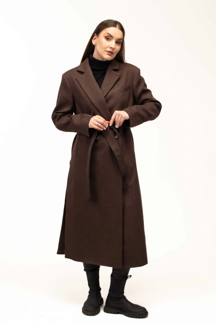 Жіноче пальто коричневого кольору з поясом-6