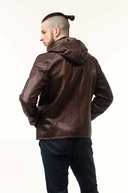 Шкіряна коричнева куртка з капюшоном чоловіча-8