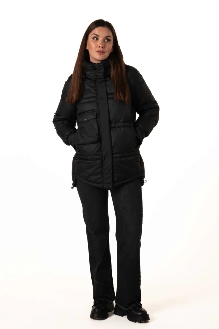 Черный биопуховик с капюшоном и кулисками-8