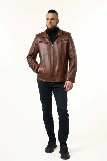 Шкіряна куртка коричнева з темними швами-8