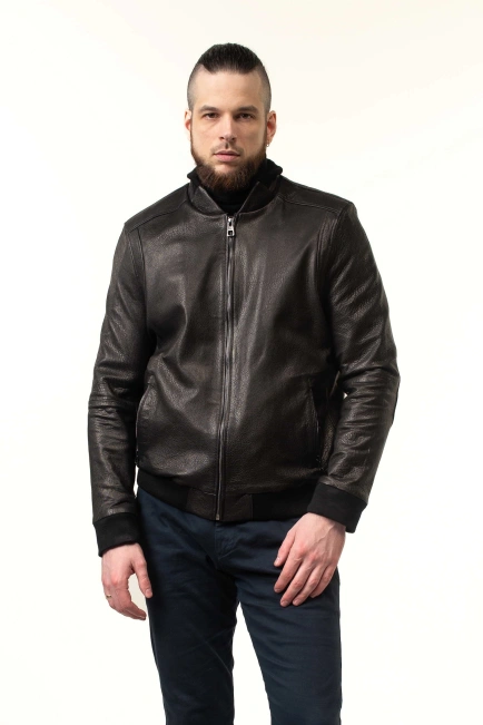 Чоловіча шкіряна куртка-бомбер чорна-1