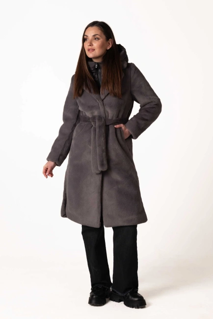 Шуба из экомеха тёмно-серого цвета с воротником-8