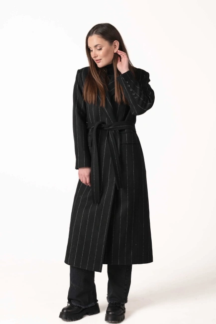Жіноче класичне пальто чорне з білою смужкою-10