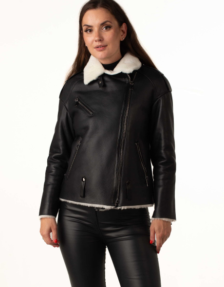 Женская дублёнка из овчины с белым мехом