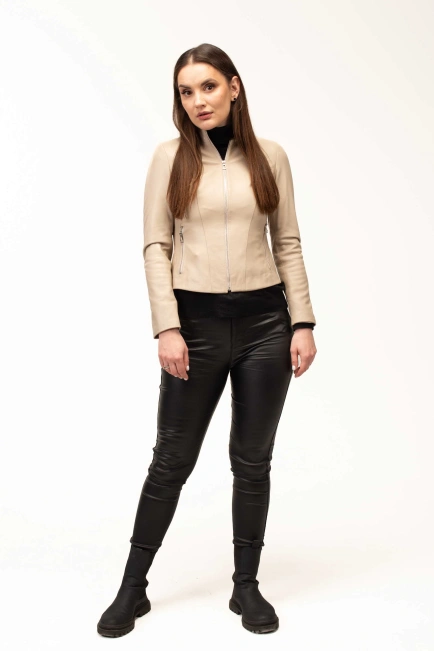 Жіноча шкіряна куртка бежева-6