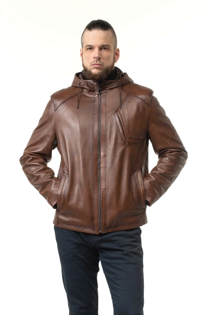 Шкіряна куртка чоловіча з кишенею на грудях-1