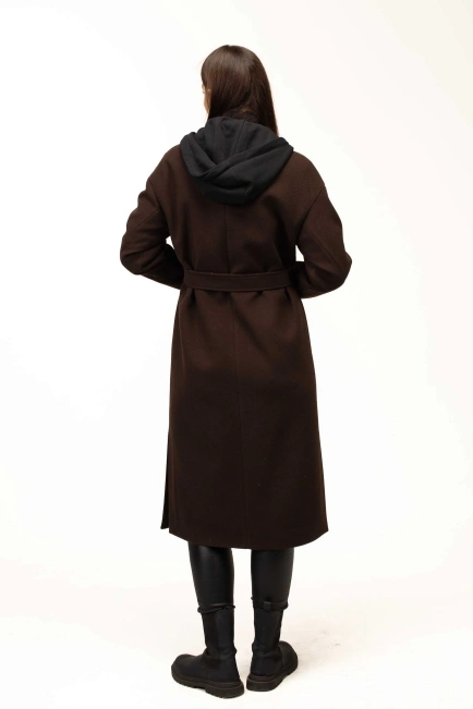 Жіноче пальто коричневе з чорним капюшоном-2