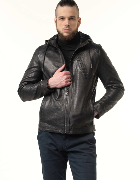 Чоловіча куртка зі шкіри з капюшоном