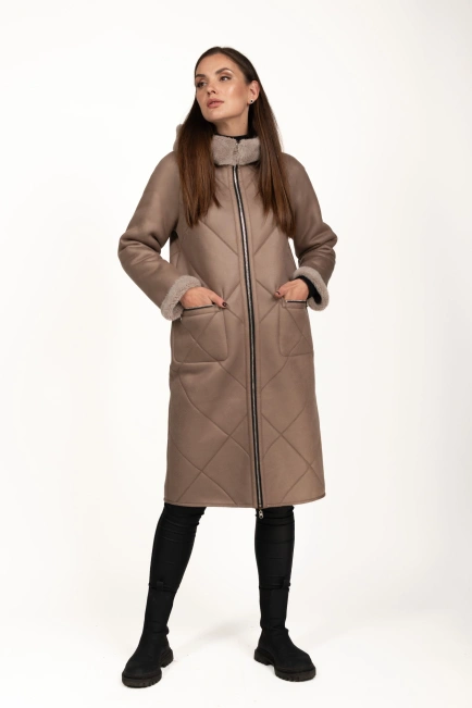 Жіноча штучна дублянка кавового кольору-7