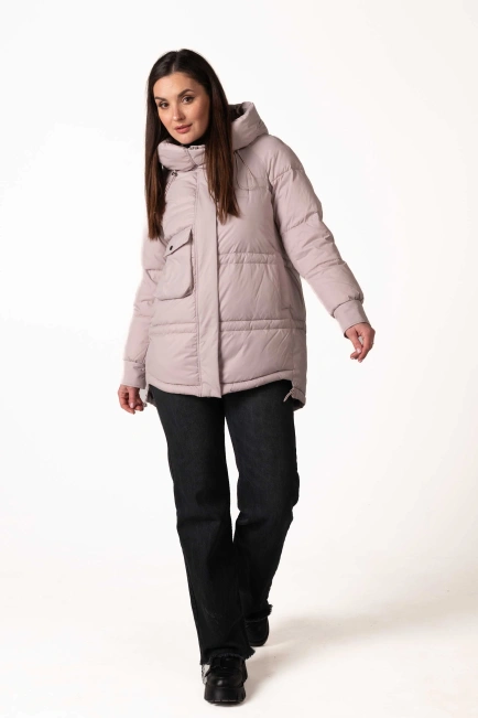 Пудровый биопуховик с капюшоном и кулисками-6