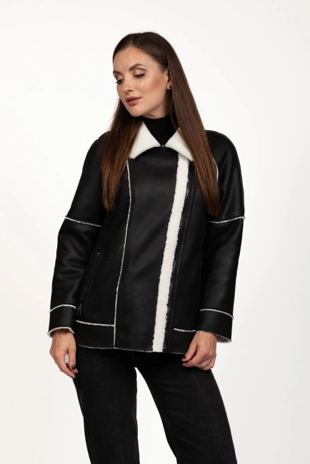 Жіноча штучна дублянка чорно-біла-3