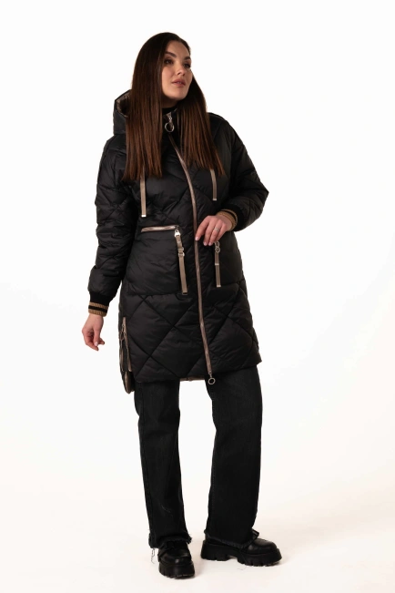 Женский черный биопуховик с бежевыми акцентами-7