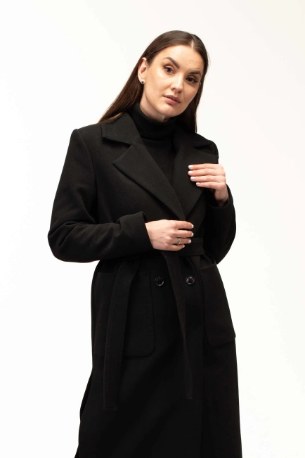 Жіноче пальто чорне під пояс довге-4