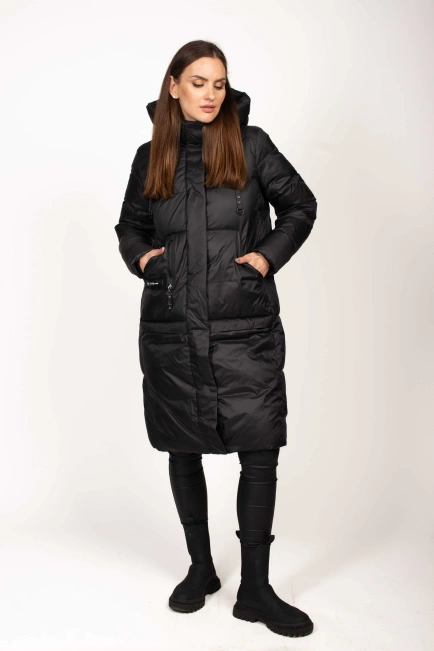 Біопуховик чорний з декором на кишені-2