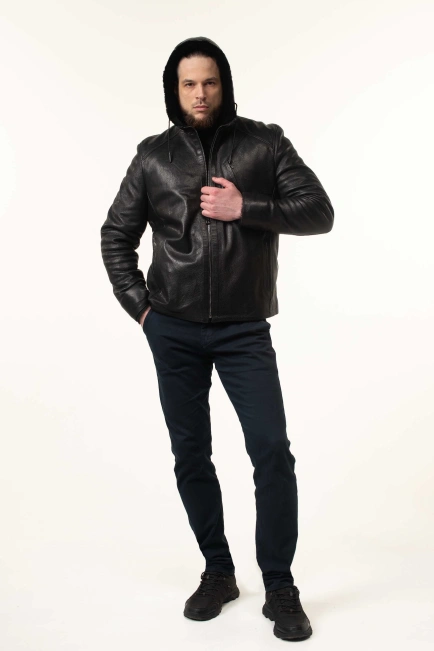 Шкіряна дублянка з капюшоном зимова-7