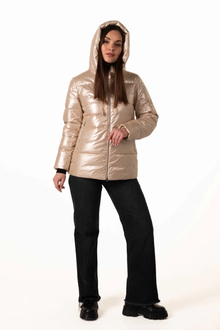 Бежевый биопуховик с капюшоном для зимы-5
