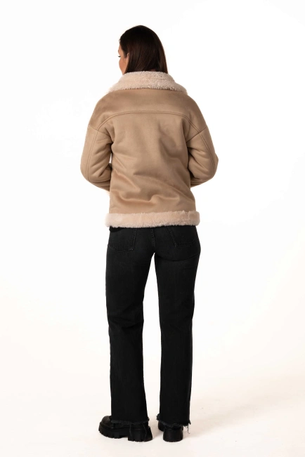 Женская эко-дублёнка-косуха бежевого цвета-2