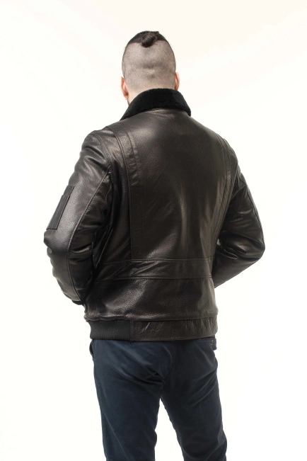 Шкіряна дублянка-бомбер з хутряним коміром-6