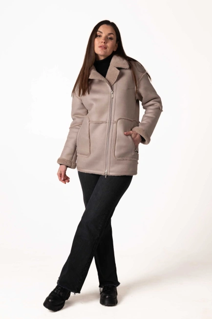 Женская экомеховая дублёнка пудрового цвета-7