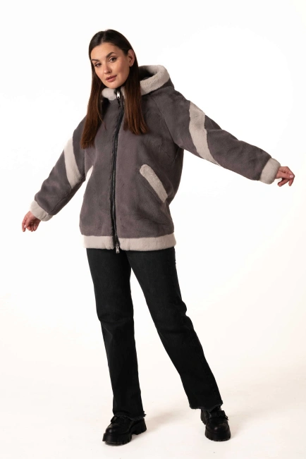 Шуба из экомеха серая со светлыми вставками-8