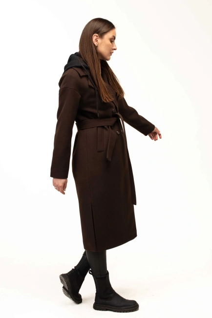 Жіноче пальто коричневе з чорним капюшоном-7