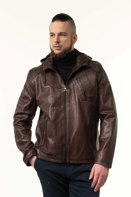 Шкіряна коричнева куртка з капюшоном чоловіча-10