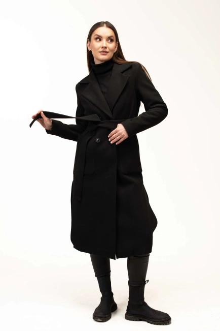 Жіноче пальто чорне під пояс довге-10