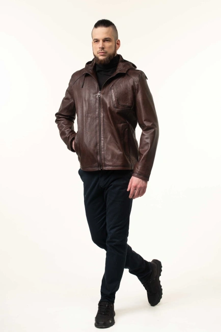 Шкіряна коричнева куртка з капюшоном чоловіча-7