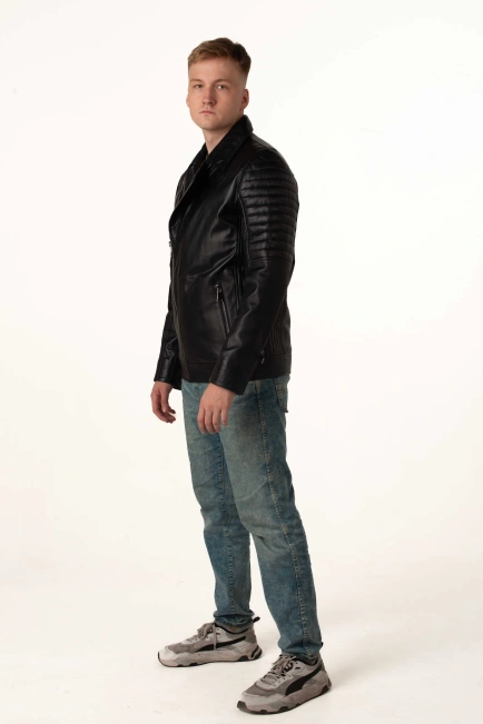 Чоловіча шкіряна куртка-косуха чорна-4