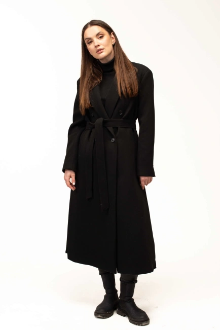 Жіноче пальто чорне з поясом довге-8