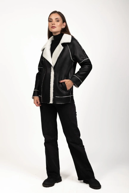 Жіноча штучна дублянка чорно-біла-4