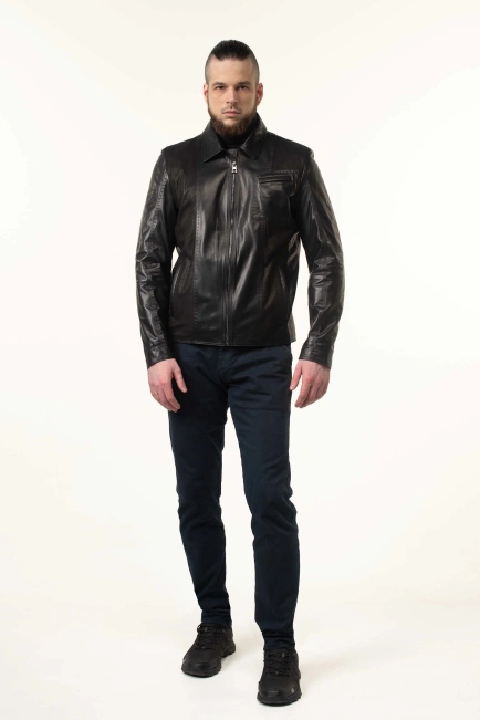 Шкіряна куртка чорна з нагрудною кишенею-9