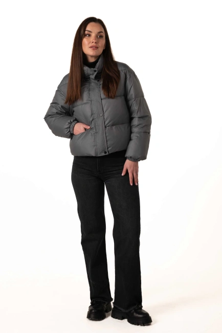 Женский укороченный биопуховик темна бирюза-2