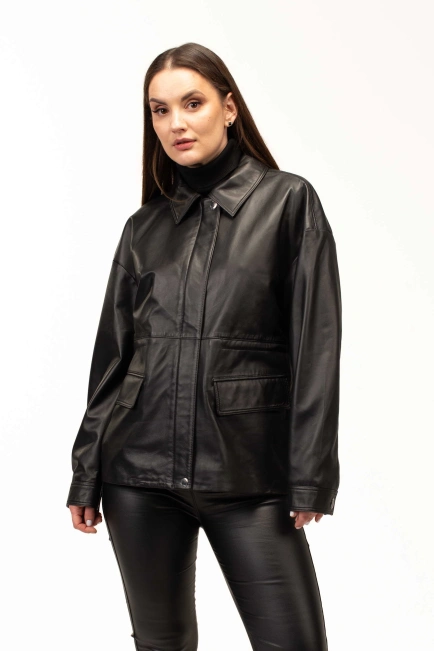 Жіноча шкіряна куртка-тренч чорна-1