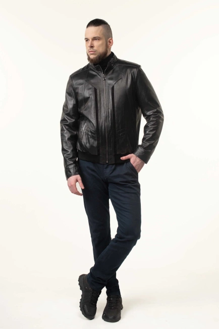 Шкіряна куртка-бомбер чоловіча з гладкої шкіри-3