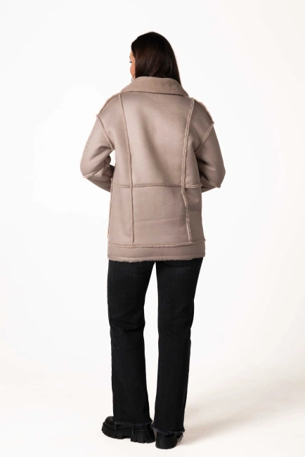 Женская экомеховая дублёнка пудрового цвета-2