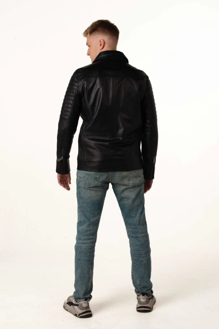 Чоловіча шкіряна куртка-косуха чорна-8