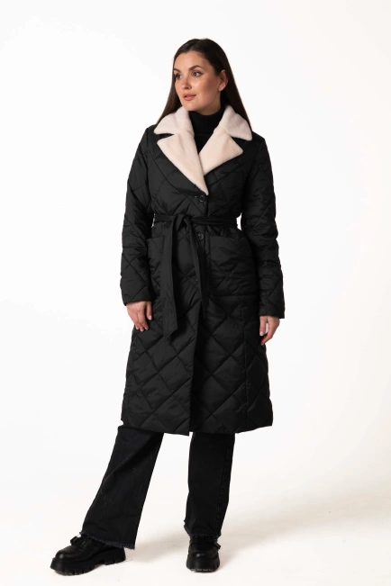 Черный биопуховик с английским воротником и поясом-10