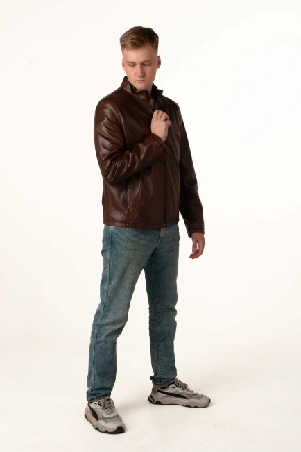 Чоловіча шкіряна куртка пряма коричнева-6