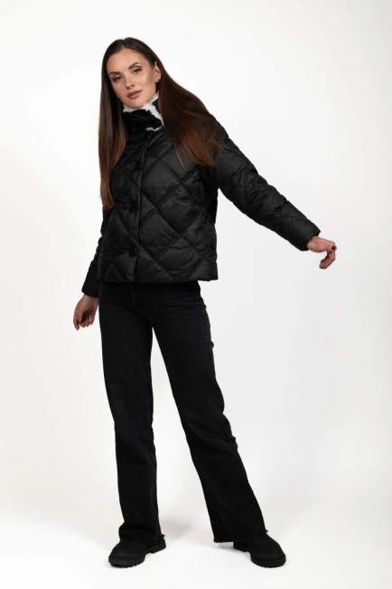 Жіночий біопуховик чорний стьобаний ромбами-4