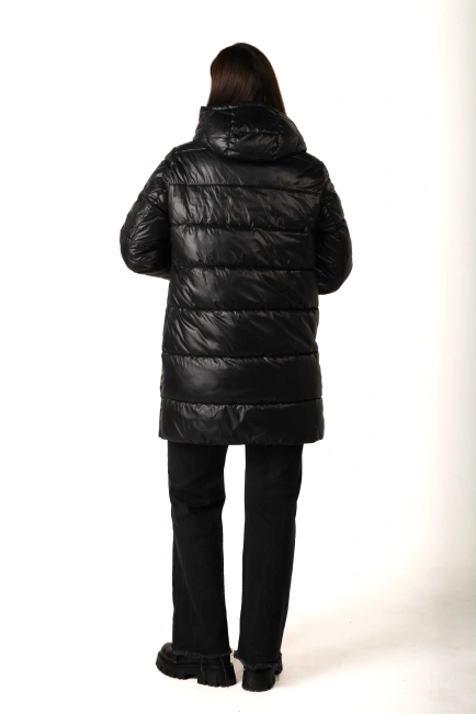 Женский черный биопуховик с накладным карманом-2