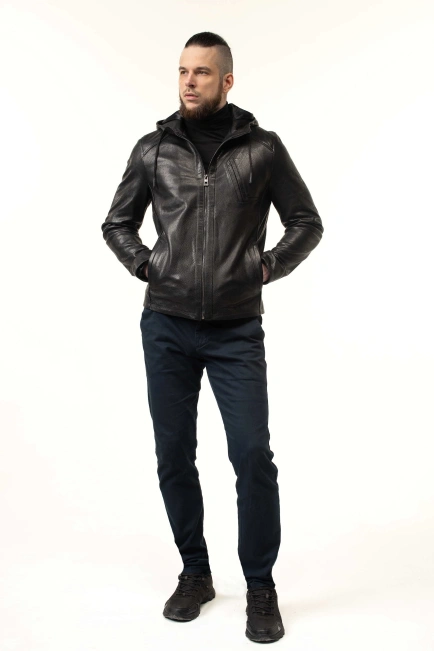 Чоловіча куртка зі шкіри з капюшоном-10