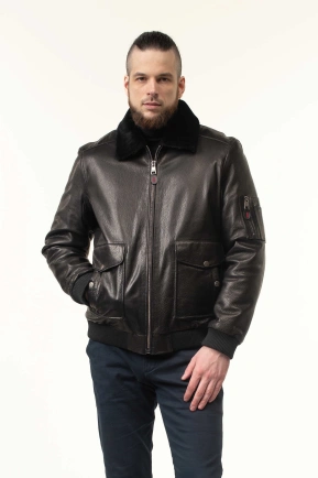 Шкіряна дублянка-бомбер з хутряним коміром