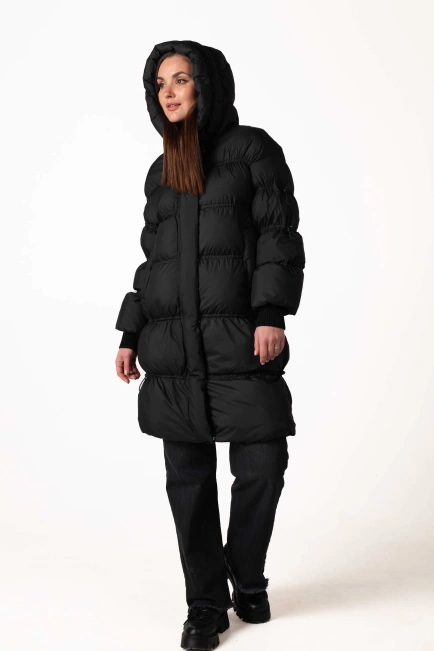 Чорний біопуховик з кулісками та капюшоном-10