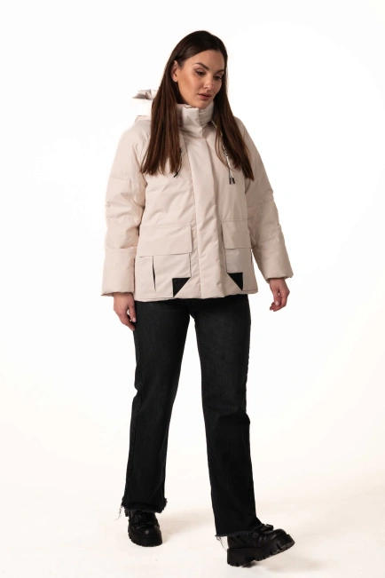 Молочный биопуховик с капюшоном и карманами-7